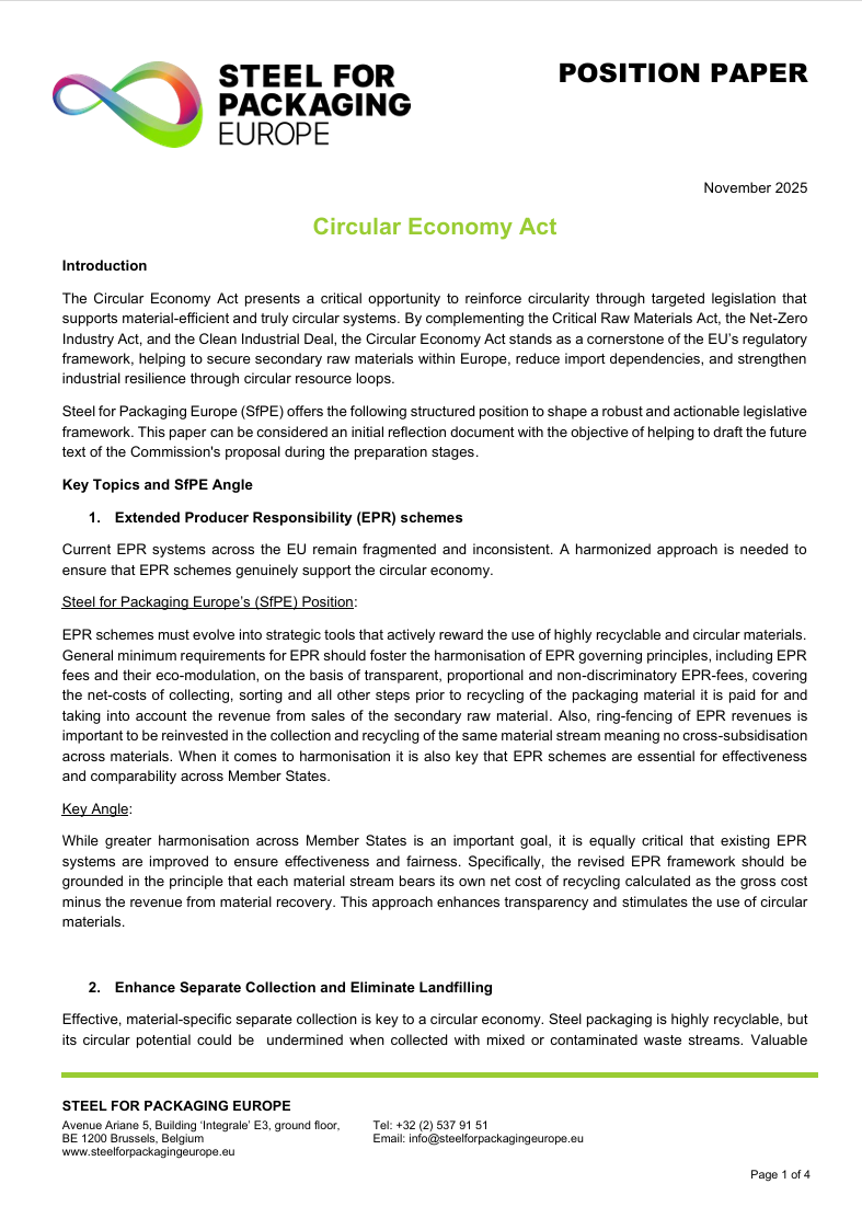 Steel for Packaging Europe - Circular Economy Act position paper ...